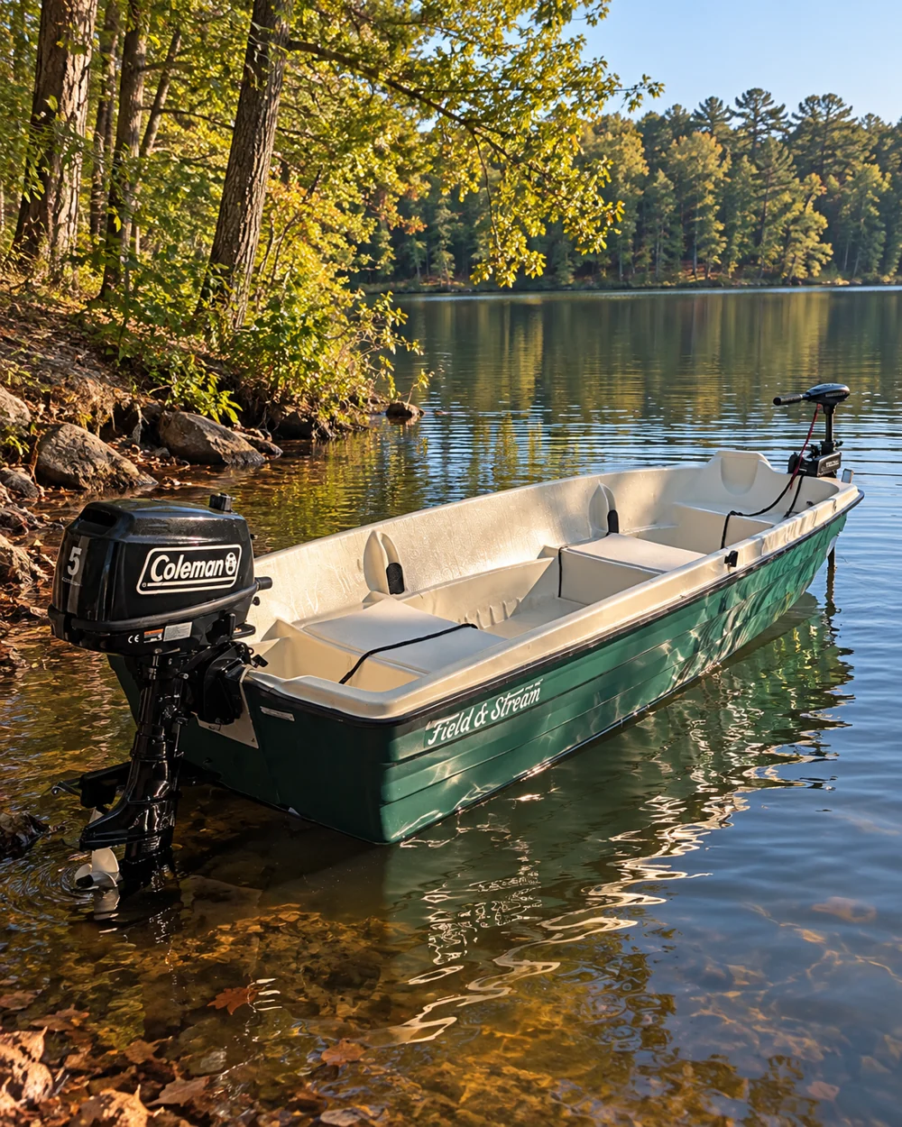 Composite image based on our green Field & Stream jon boat, with a bow trolling motor, on a wooded lake